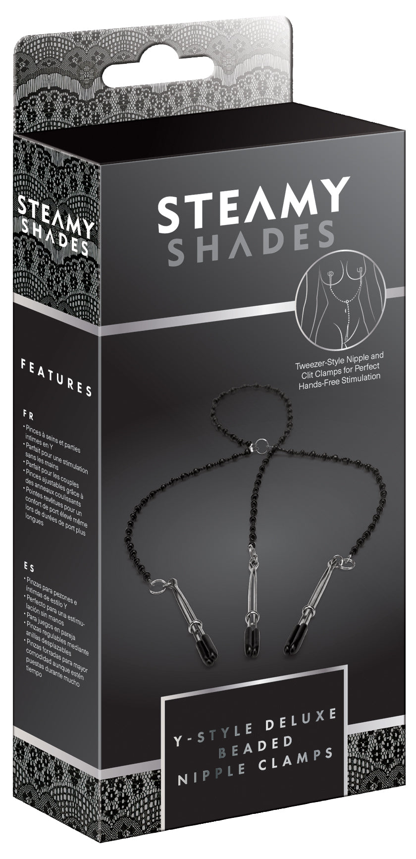 STEAMY SHADES Y-Style Deluxe Beaded Nipple Clamps in schwarzer Originalverpackung mit Abbildung des Y-förmigen Klemmen-Sets, silberfarbenen Perlenketten und STEAMY SHADES Markenlogo – erhältlich bei Evoria Care