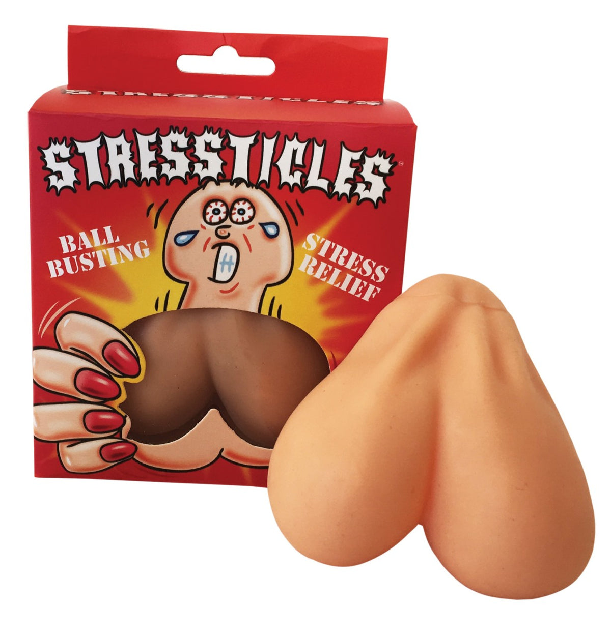 Stressticles – hautfarbener Stressball in Form eines männlichen Hodensacks mit zwei ausgeformten Hoden neben der roten Originalverpackung mit weißem Stressticles Schriftzug und humorvoller Illustration auf weißem Hintergrund – erhältlich bei Evoria Care