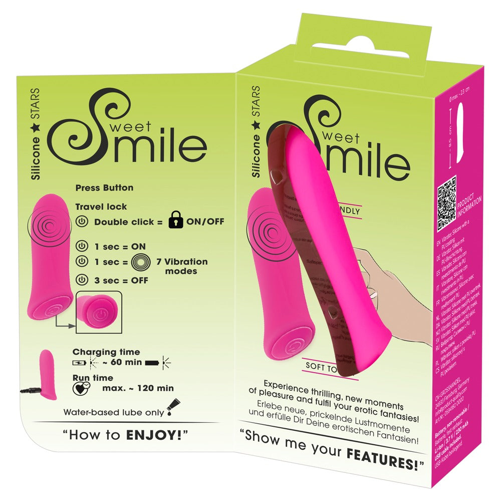 Sweet Smile Rechargeable Power Mini-Vibrator – verschiedene Ansichten der pink-grünen Produktverpackung mit Produktdarstellung – erhältlich bei Evoria Care