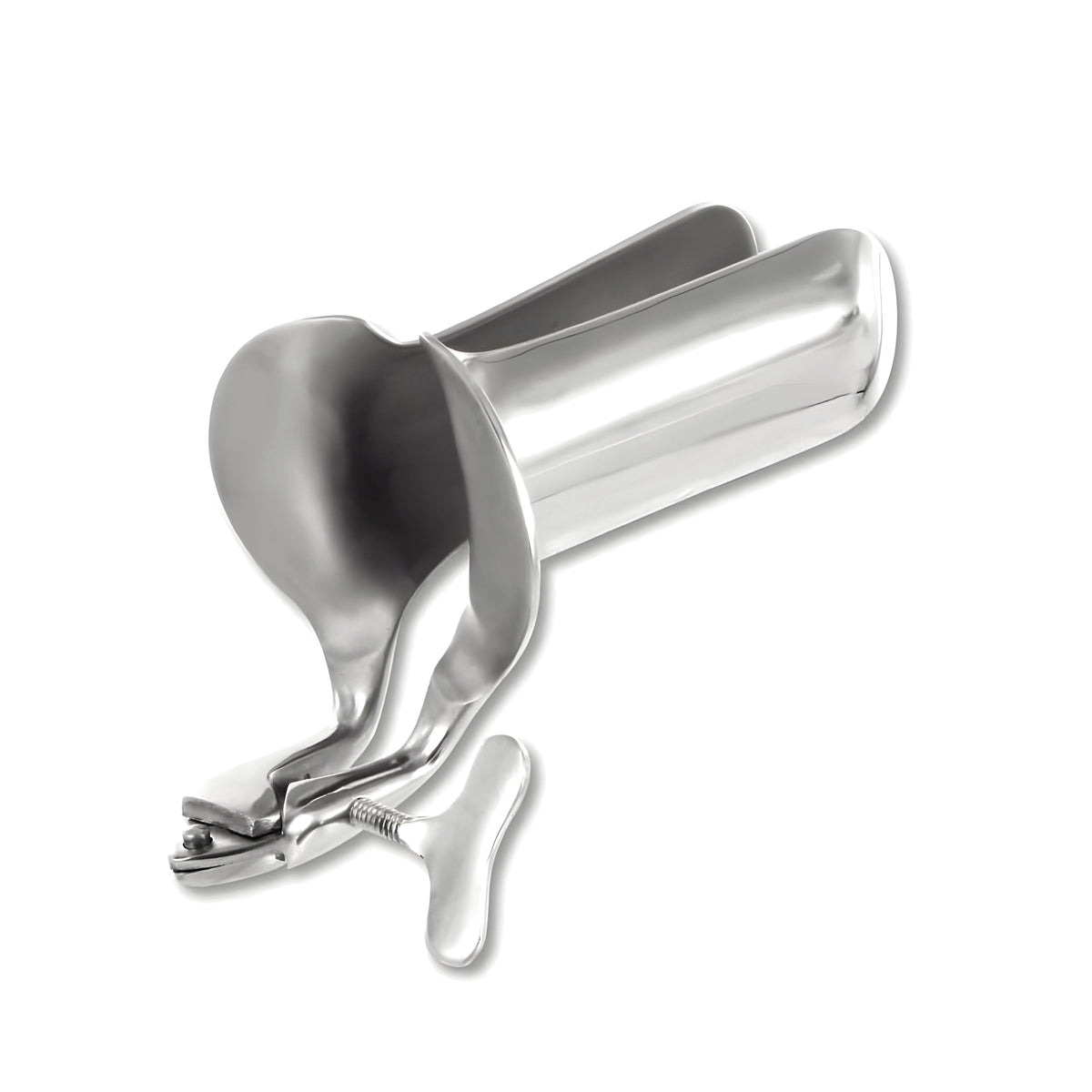 XX-DREAMSTOYS Edelstahl-Spekulum – Detailansicht des stufenlos verstellbaren Edelstahl-Spekulums mit Schraubmechanismus und seitlichem Einstellrad – erhältlich bei Evoria Care