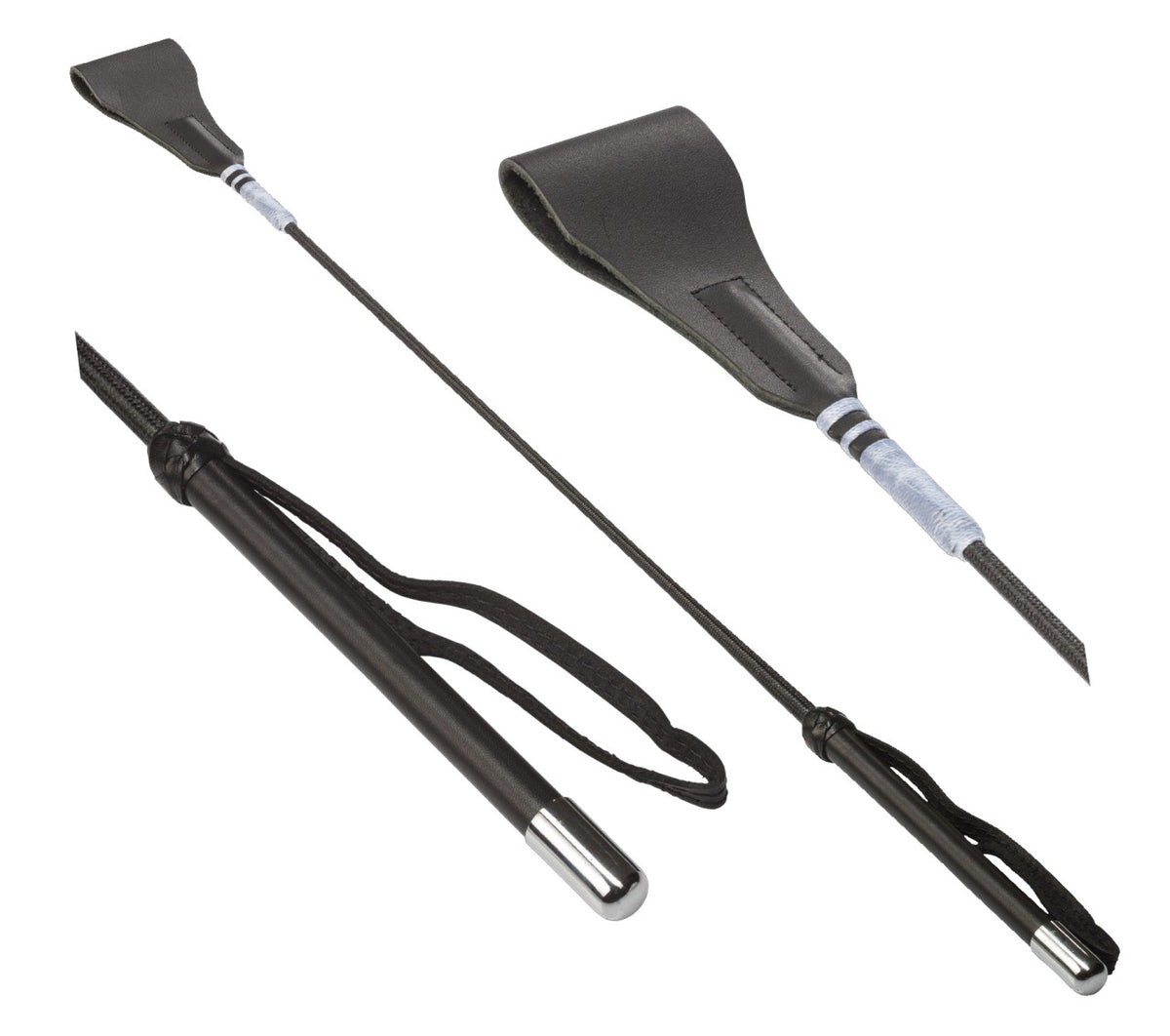 XX-DREAMSTOYS Gerte de Luxe – schwarze Ledergerte mit schlankem Schaft, breiter Lederklatsche, silberfarbenem Verbindungselement und Handschlaufe in mehreren Produktperspektiven auf weißem Hintergrund – erhältlich bei Evoria Care