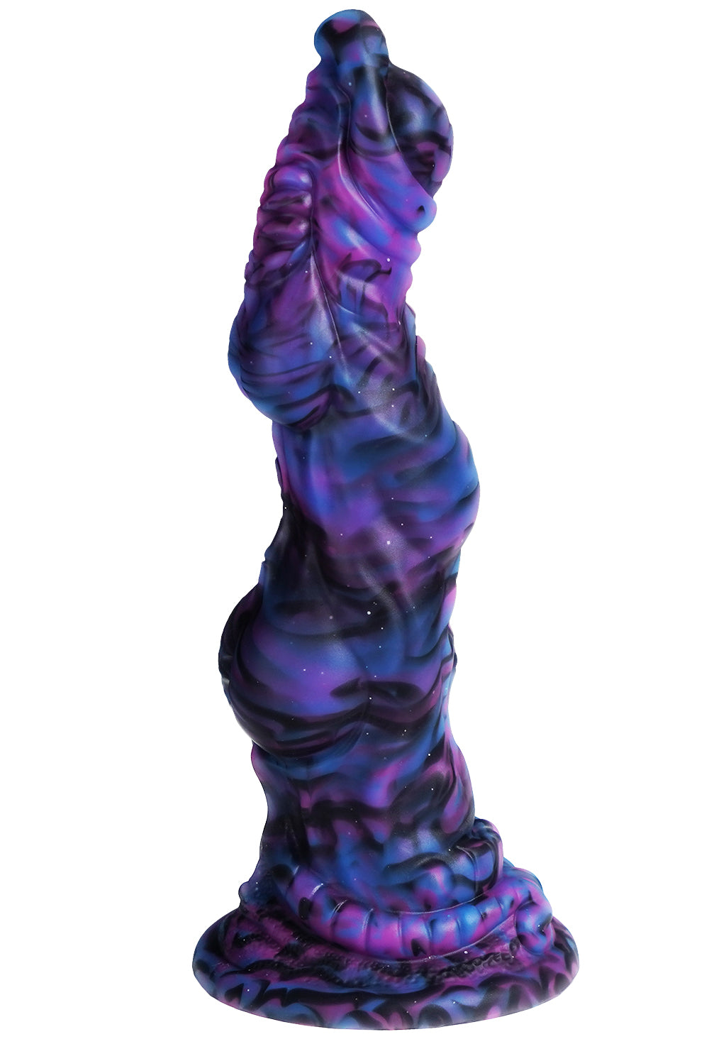 XX-DREAMSTOYS Mutant Dildo No. 14 – mehrfarbiger Fantasy-Dildo mit asymmetrischen Verdickungen, strukturierter Oberfläche, abgerundeter Spitze und breiter Basis in einer weiteren schrägen Produktperspektive auf weißem Hintergrund – erhältlich bei Evoria Care