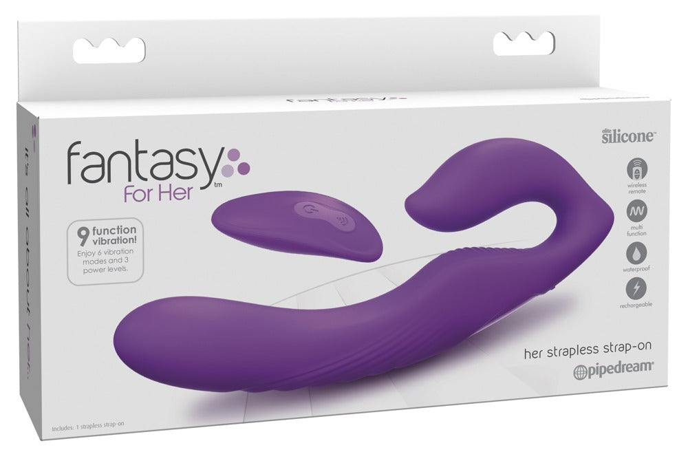 Originalverpackung des Fantasy For Her Ultimate Strapless Strap-On mit Produktabbildung und Fernbedienung