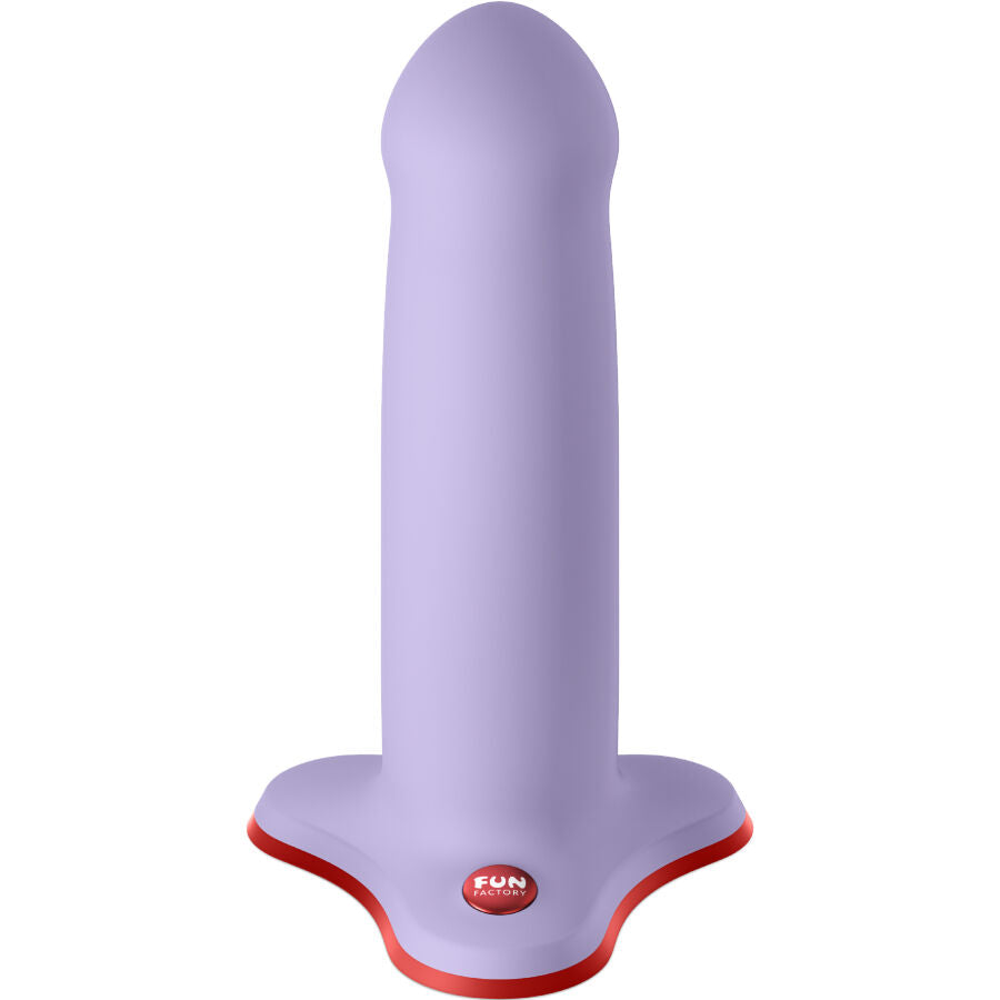 Fun Factory Amor G-Punkt-Dildo in Lila in Vorderansicht mit glatter Silikonoberfläche, geschwungener Spitze und breiter Saugbasis