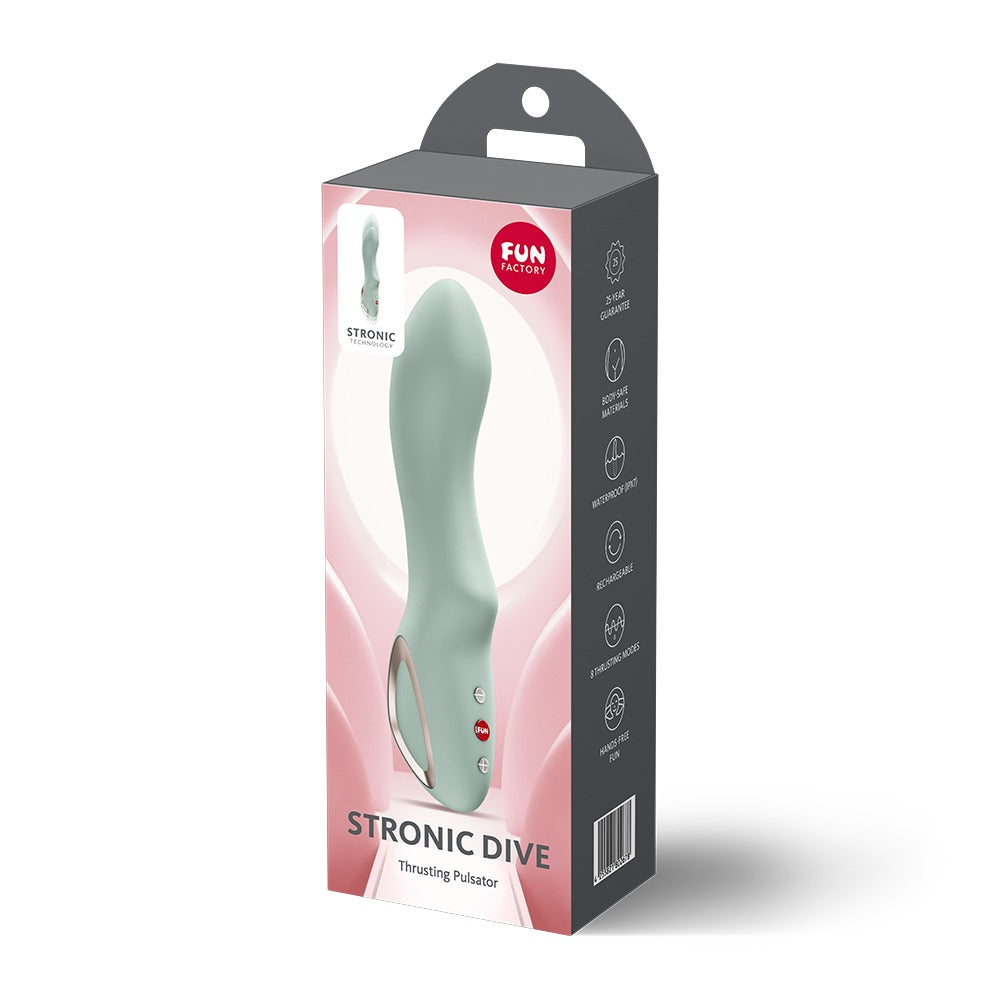FUN FACTORY STRONIC DIVE G-Punkt-Pulsator in Mint neben der Originalverpackung
