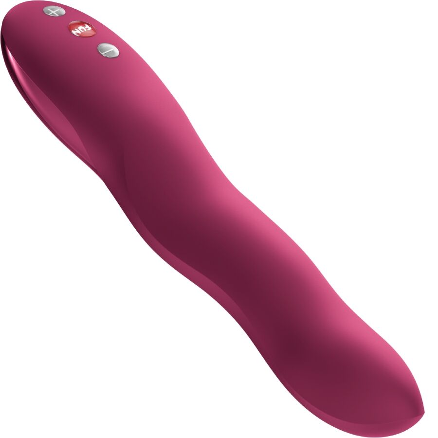 FUN FACTORY STRONIC WAVE Thrusting Pulsator in Weinrot – schräge Seitenansicht mit wellenförmig geschwungenem Schaft und abgerundeter Spitze