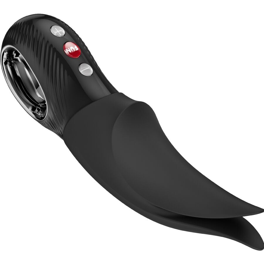 Fun Factory Volta Auflege-Vibrator in Schwarz – schräge Seitenansicht mit geschwungener Form, flexibler Spitze und sichtbaren Bedienelementen
