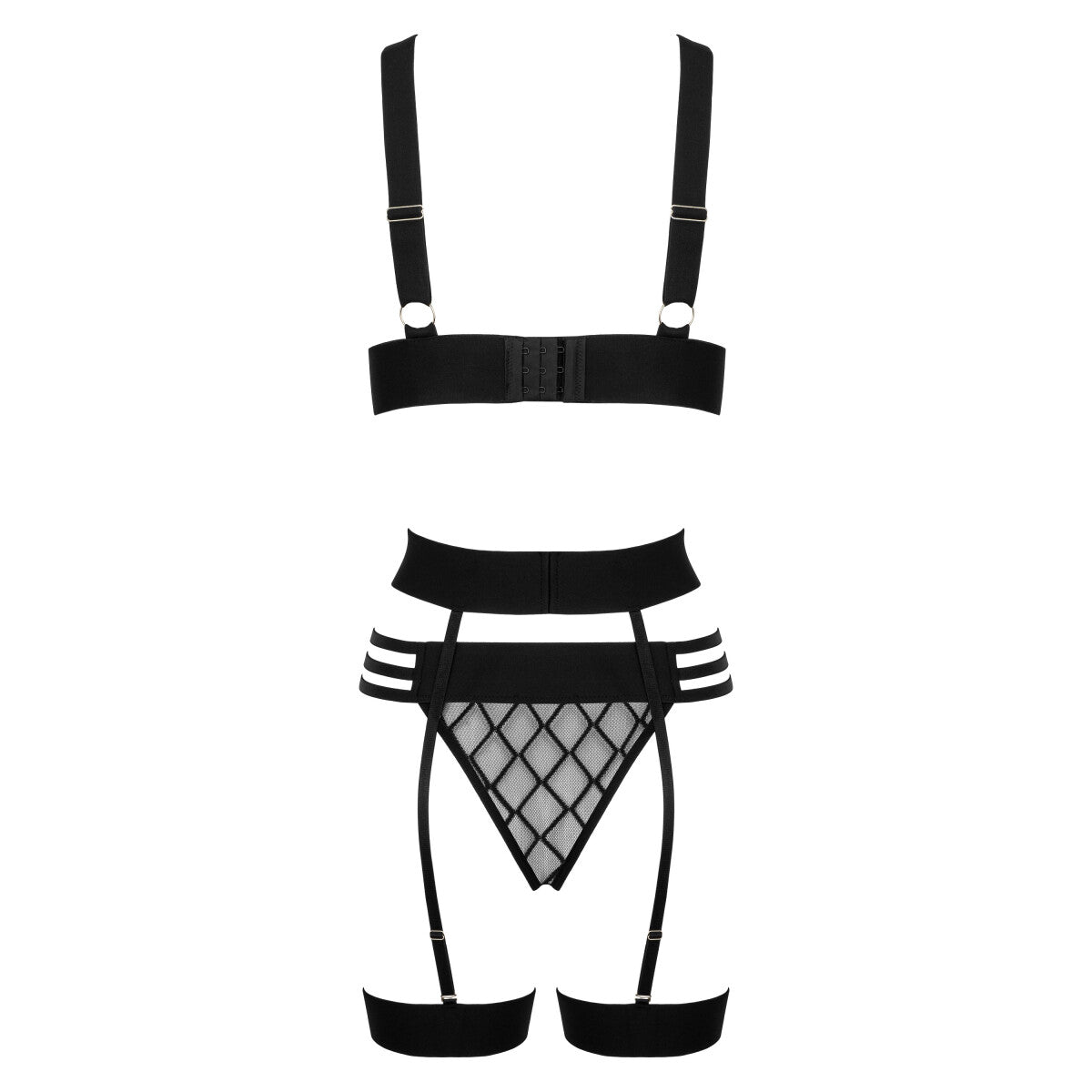 Kotek KO THP105 schwarzes Dessous-Set in Rückansicht mit BH-Verschluss, String und Strapsgürtel mit verstellbaren Strumpfhaltern