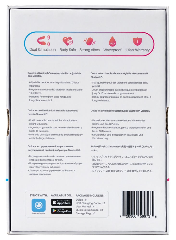 Rückseite der Originalverpackung des Lovense Dolce mit Produktinformationen