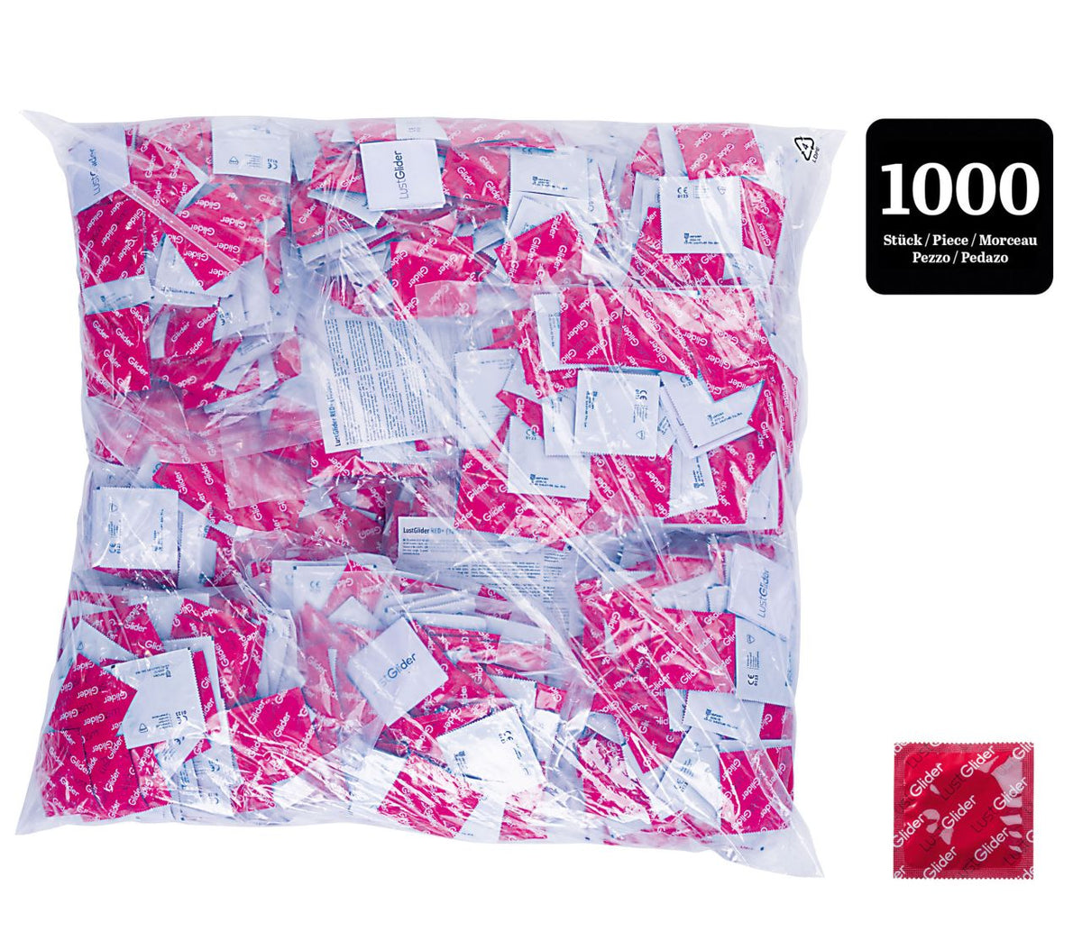 LustGlider Kondome mit Erdbeeraroma 53 mm – Packungsansicht mit pink-rotem Design und einzeln verpackten aromatisierten Kondomen