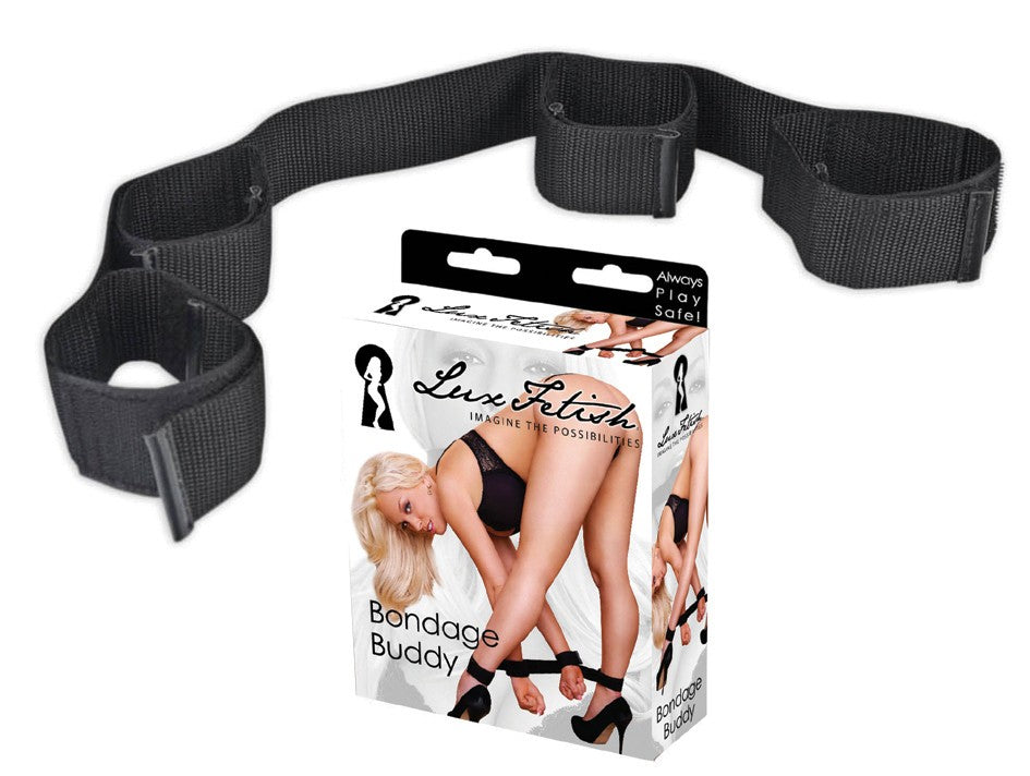LUX FETISH Bondage Buddy schwarzes 4-Punkt-Fesselsystem mit vier verstellbaren Schlaufen und Produktverpackung