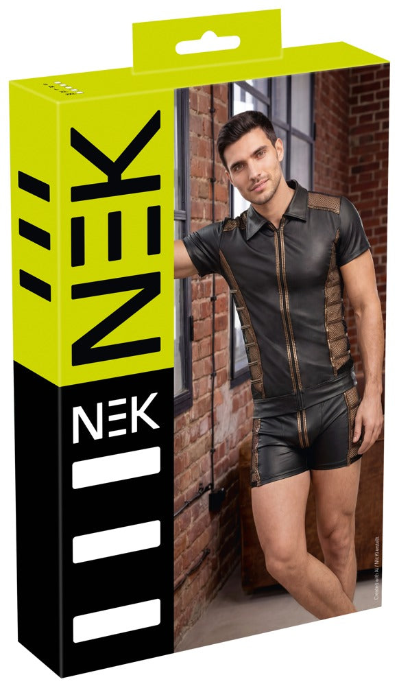 Verpackung des NEK Wetlook-Halbarm-Shirts in Schwarz mit Netz-Einsätzen, Bronze-Details und Front-Reißverschluss