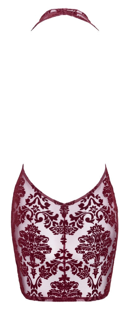 Noir Kink Royal transparentes Neckholder-Minikleid mit Flockprint in Burgundrot in der Rückansicht