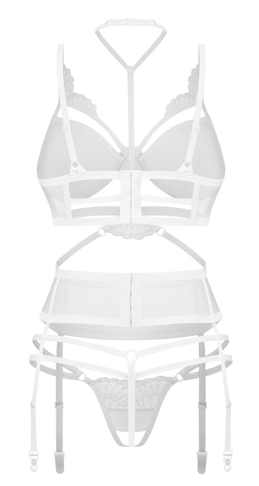 Rückansicht des Obsessive Premium Premisis White Sets mit verstellbaren Riemchen und Verschlüssen