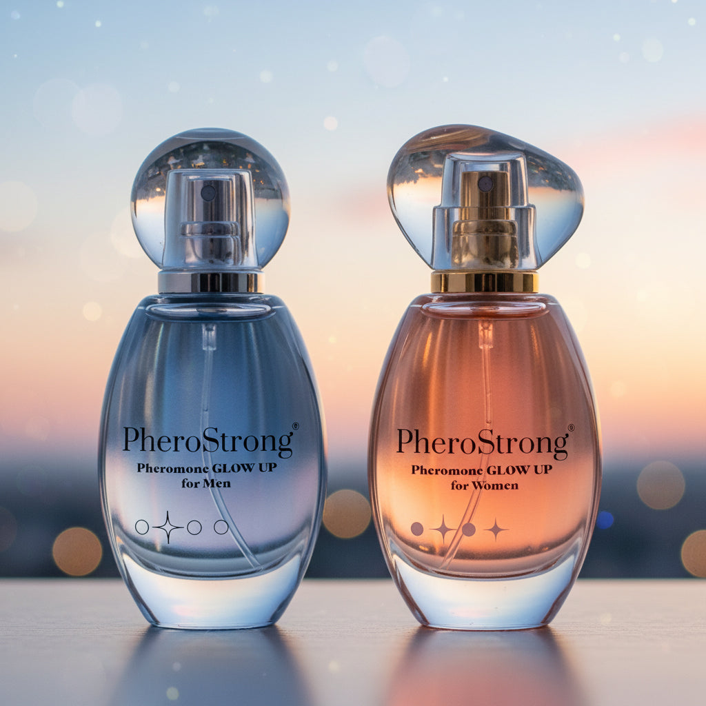 PheroStrong Glow up for Men Parfum Vergleich zweier Varianten im warmen Licht