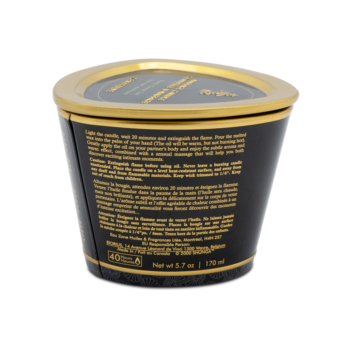 Weitere Rückansicht der Shunga Massage Candle Mango mit Inhalts- und Sicherheitshinweisen