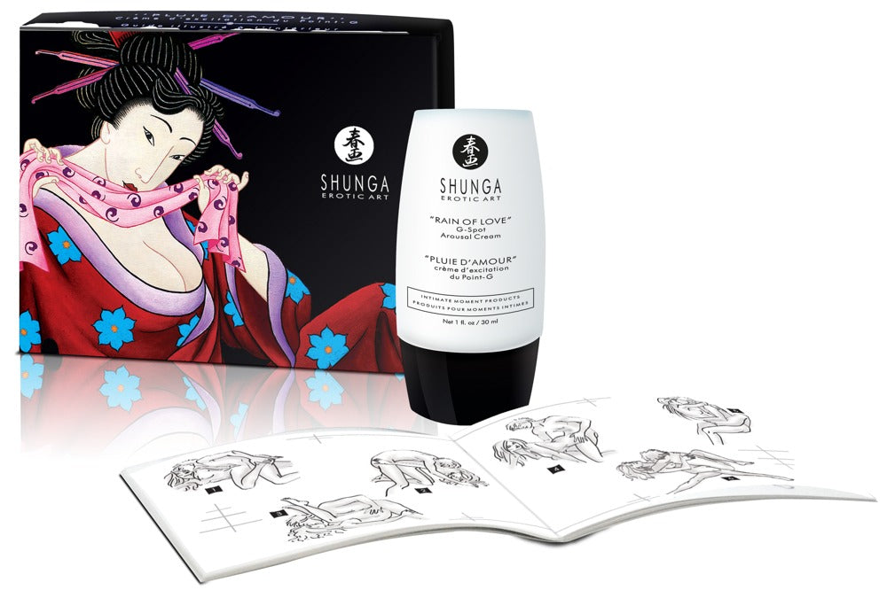 Shunga Rain of Love G-Spot Arousal Cream mit Verpackung auf weißem Hintergrund