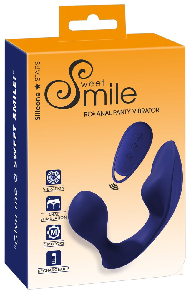 Sweet Smile RC Anal Panty Vibe – dunkelblauer Anal- und Klitorisvibrator mit Fernbedienung zusammen mit der orange-blauen Sweet Smile Verpackung