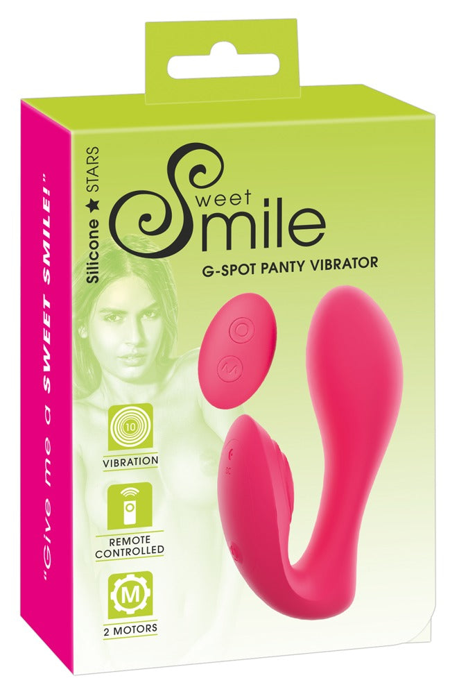 Sweet Smile RC G-Spot Panty Dual-Vibrator mit Fernbedienung in Pink – Produktansicht zusammen mit der grün-pinken Sweet Smile Verpackung
