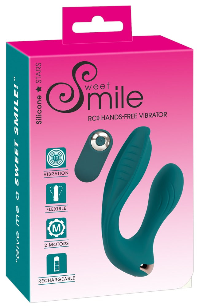 Sweet Smile RC Hands-Free Vibe – flexibler Dual-Vibrator mit Fernbedienung zusammen mit der pink-türkisen Sweet Smile Verpackung