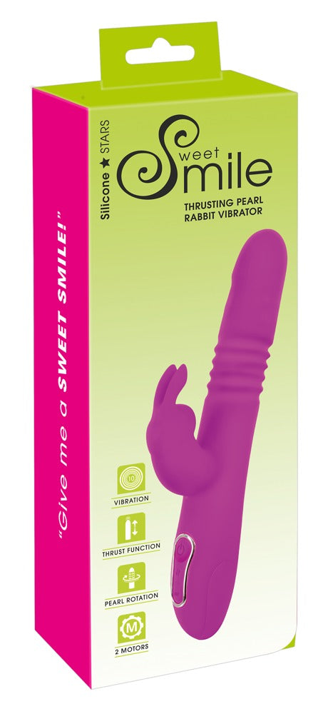 Sweet Smile Thrusting Pearl Rabbit – pinkfarbener Stoßvibrator mit Rotation zusammen mit der grün-pinken Sweet Smile Verpackung