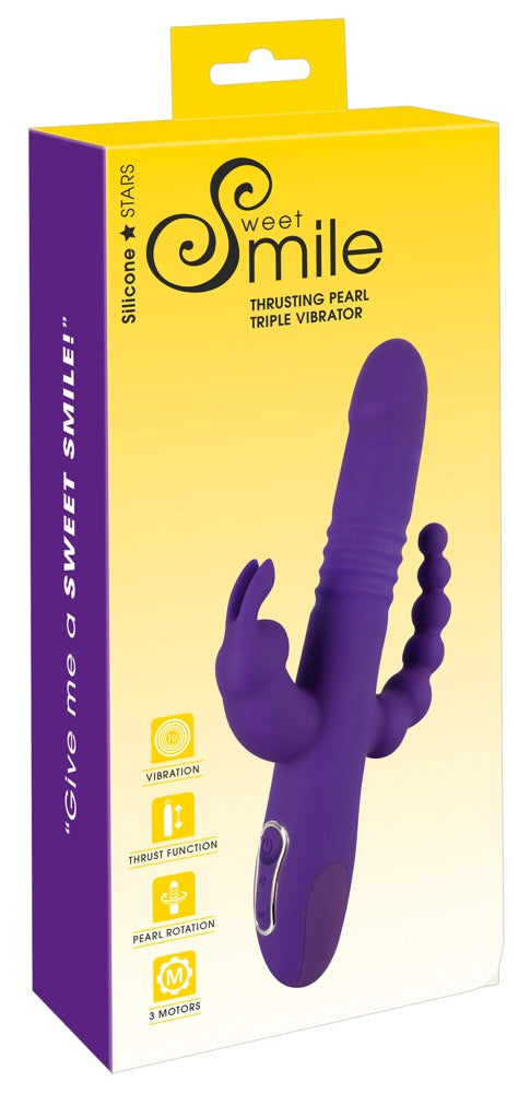 Sweet Smile Thrusting Pearl Triple – lilafarbener Triple-Vibrator mit Stoßfunktion zusammen mit der gelb-violetten Sweet Smile Verpackung