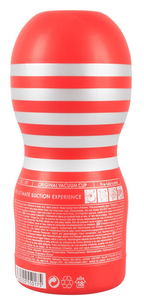 Rückseite der Verpackung des TENGA Original Vacuum Cup mit Produktinformationen