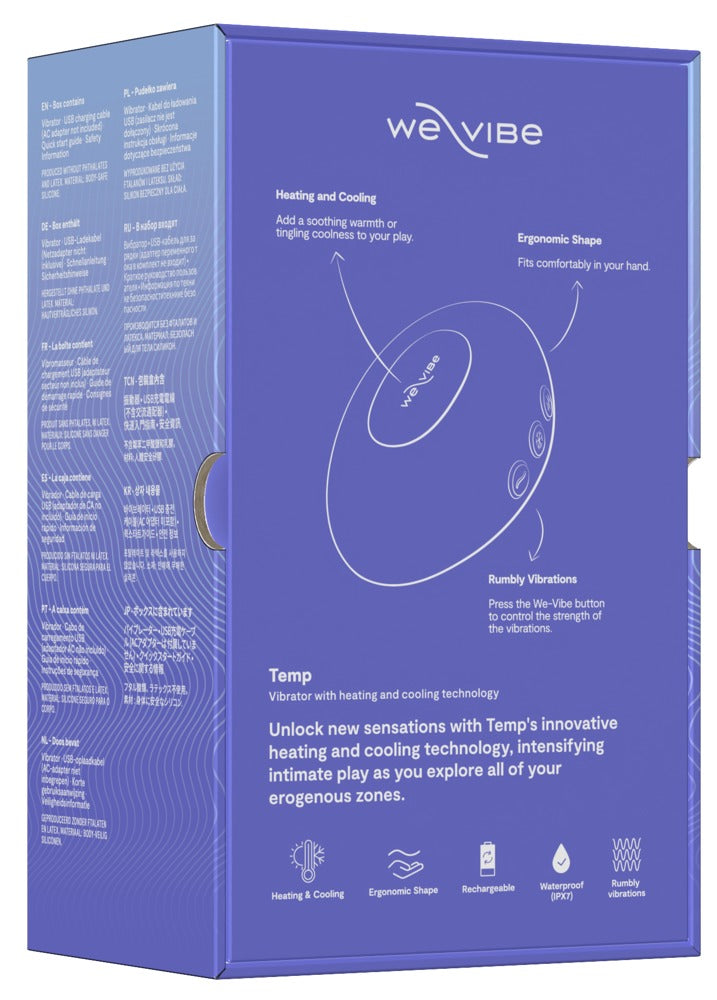 Rückseite der Produktverpackung des We-Vibe Temp Auflegevibrators in Blau