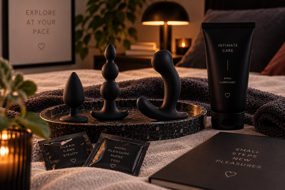Verschiedene Analtoys mit Gleitgel in warmer, diskreter Schlafzimmeratmosphäre als Symbol für sichere Anwendung, passende Größe und bewusste Analstimulation