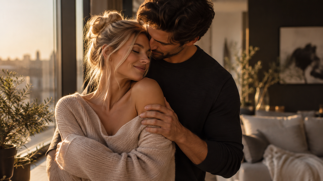 Blondes Paar bei einer sanften Umarmung am Fenster als Symbol für körperliche Nähe und Berührung ohne Erwartungsdruck