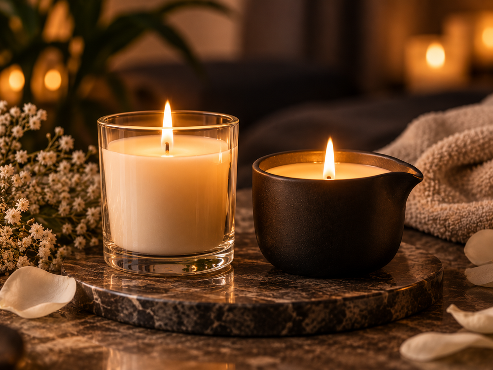 Duftkerze und Massagekerze nebeneinander in warmer Wellness-Atmosphäre als Symbol für Unterschiede bei Anwendung, Wärme und Hautkontakt
