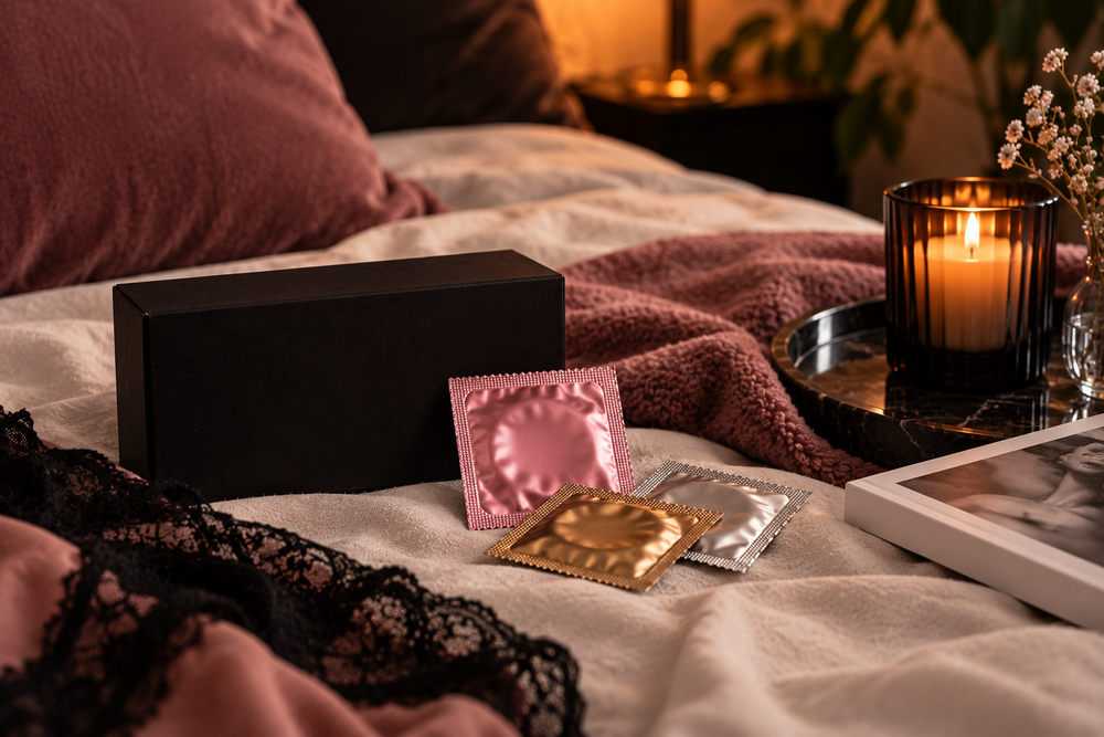 Kondome in diskreter, warmer Schlafzimmeratmosphäre als Symbol für Hygiene, Safer Sex und die sichere gemeinsame Nutzung von Sextoys