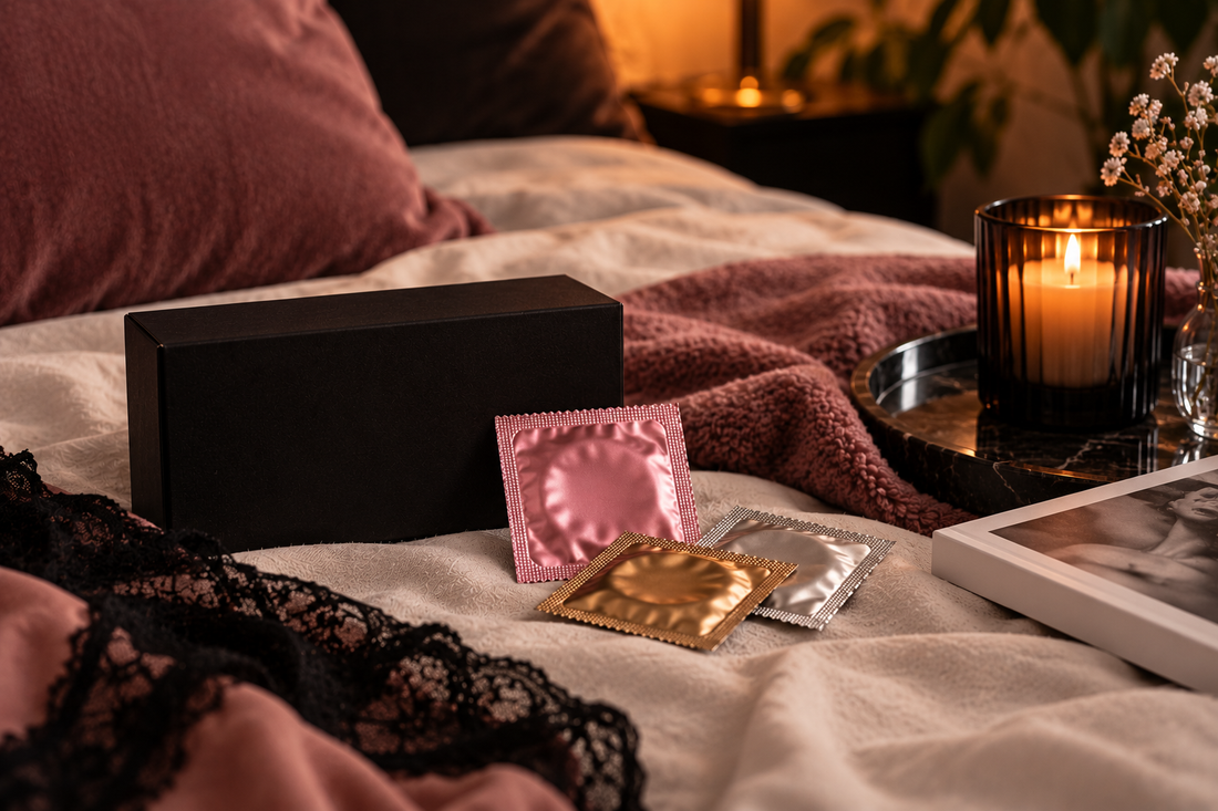 Kondome in diskreter, warmer Schlafzimmeratmosphäre als Symbol für Hygiene, Safer Sex und die sichere gemeinsame Nutzung von Sextoys