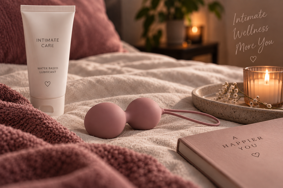 Liebeskugeln auf weichen Textilien in warmer Wellness-Atmosphäre als Symbol für bewusste Anwendung, Beckenboden und Intimate Wellness