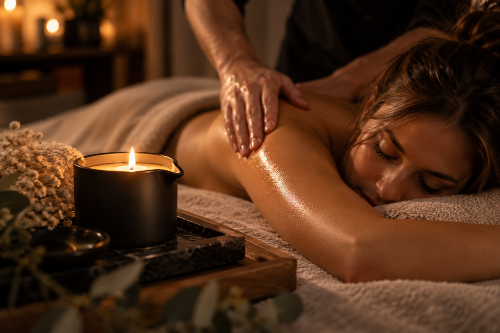 Massagekerze im Kerzenschein bei einer ruhigen Schulter- und Rückenmassage als bewusstes Wärme-Ritual