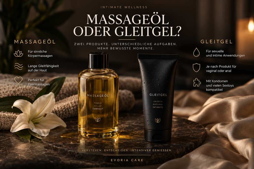 Massageöl und Gleitgel im direkten Vergleich in warmer Wellness-Atmosphäre als Symbol für unterschiedliche Anwendungen bei Massage, Intimität und Sex