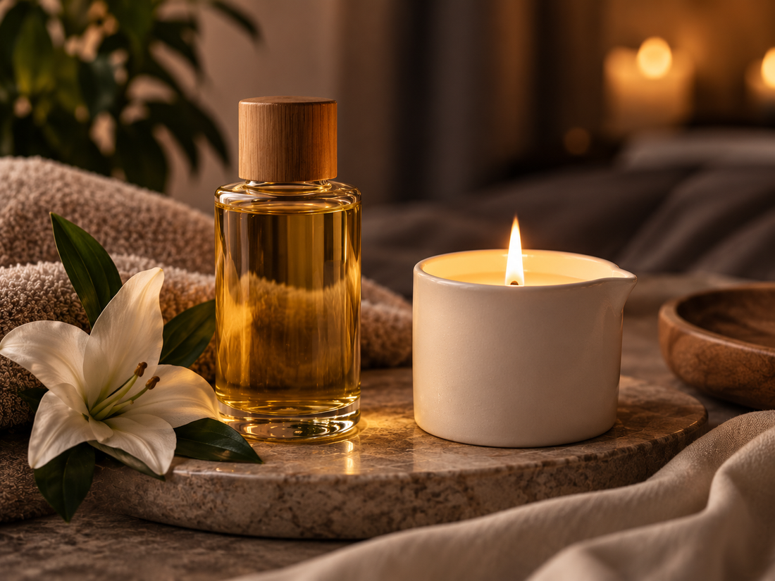 Massageöl und Massagekerze in warmer Wellness-Atmosphäre als Symbol für Unterschiede bei Anwendung, Wärme und sinnlichen Massageritualen