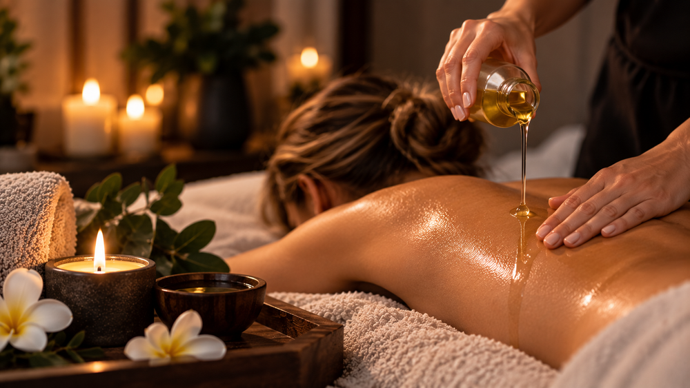 Massageöl wird bei einer entspannten Rückenmassage in warmer Atmosphäre aufgetragen