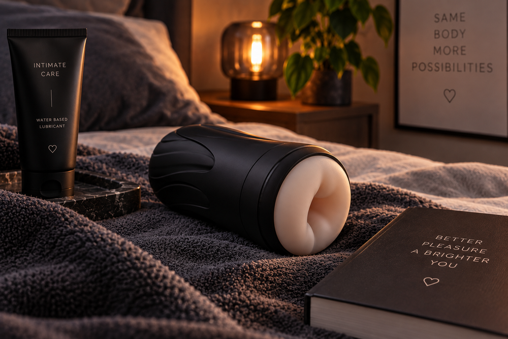 Masturbator mit Gleitgel in warmer, diskreter Schlafzimmeratmosphäre als Symbol für Anwendung, Pflege und Intimate Wellness für Männer