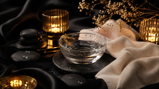 Elegantes Evoria Care Stillleben mit schwarzem Satin, Kerzenlicht und Spa-Elementen als Symbol für die hygienische Reinigung und Pflege von Intimate Toys