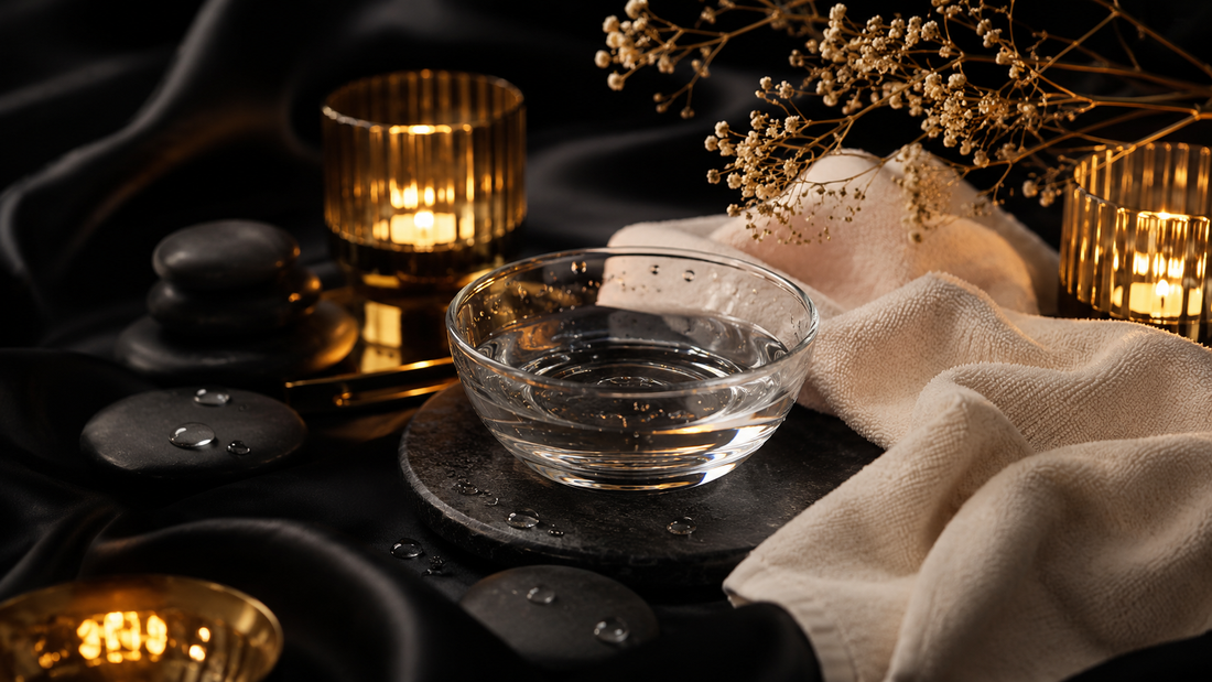 Elegantes Evoria Care Stillleben mit schwarzem Satin, Kerzenlicht und Spa-Elementen als Symbol für die hygienische Reinigung und Pflege von Intimate Toys
