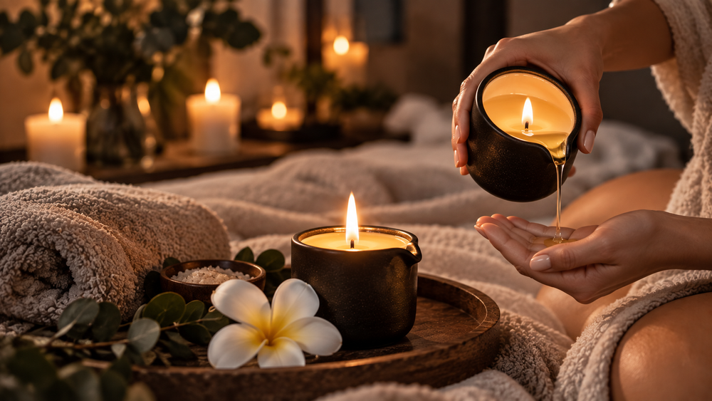 Massagekerze mit warmem Massageöl in ruhiger Spa-Atmosphäre als Symbol für Anwendung, Wärme und sichere Massage