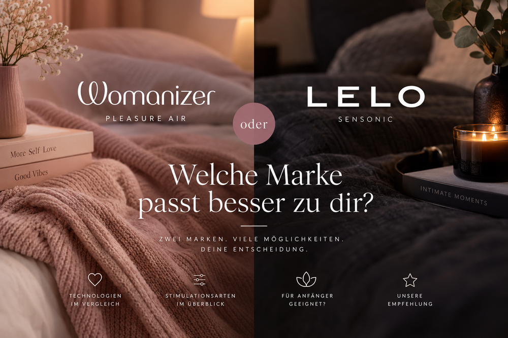 Editoriales Vergleichsmotiv in warmer Schlafzimmeratmosphäre für Womanizer und LELO als Premium-Marken im Evoria Journal