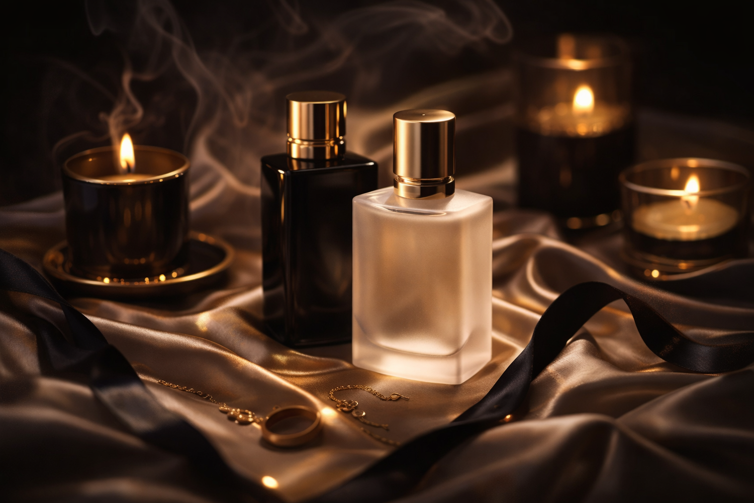 Luxuriöse Duftkompositionen auf goldener Seide mit Parfumflakons – sinnliche Atmosphäre für Duft & Aura von Evoria Care