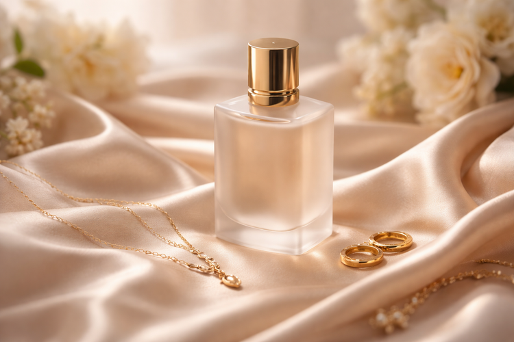 Zarte Parfumkomposition auf heller Seide mit goldenen Details und floralen Akzenten – Feminine Aura von Evoria Care