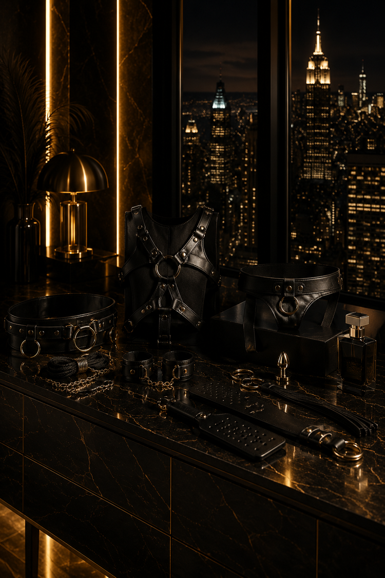 Luxuriöse Penthouse-Szene bei Nacht mit ausgewählten Herrenaccessoires und besonderen Fashion-Details. Schwarzer Marmorboden, warme Goldbeleuchtung und die Skyline im Hintergrund schaffen eine elegante Premium-Atmosphäre.