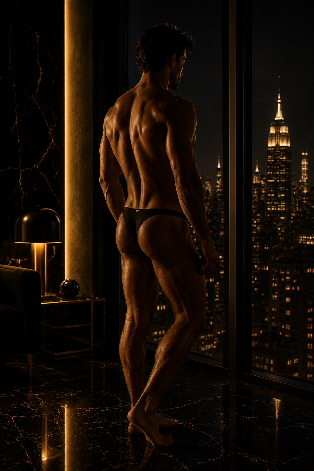 Maskuline Silhouette in schwarzem String vor einer bodentiefen Fensterfront eines luxuriösen Penthouses bei Nacht. Warme Goldtöne, schwarzer Marmorboden und die beleuchtete Skyline schaffen eine elegante Premium-Atmosphäre.