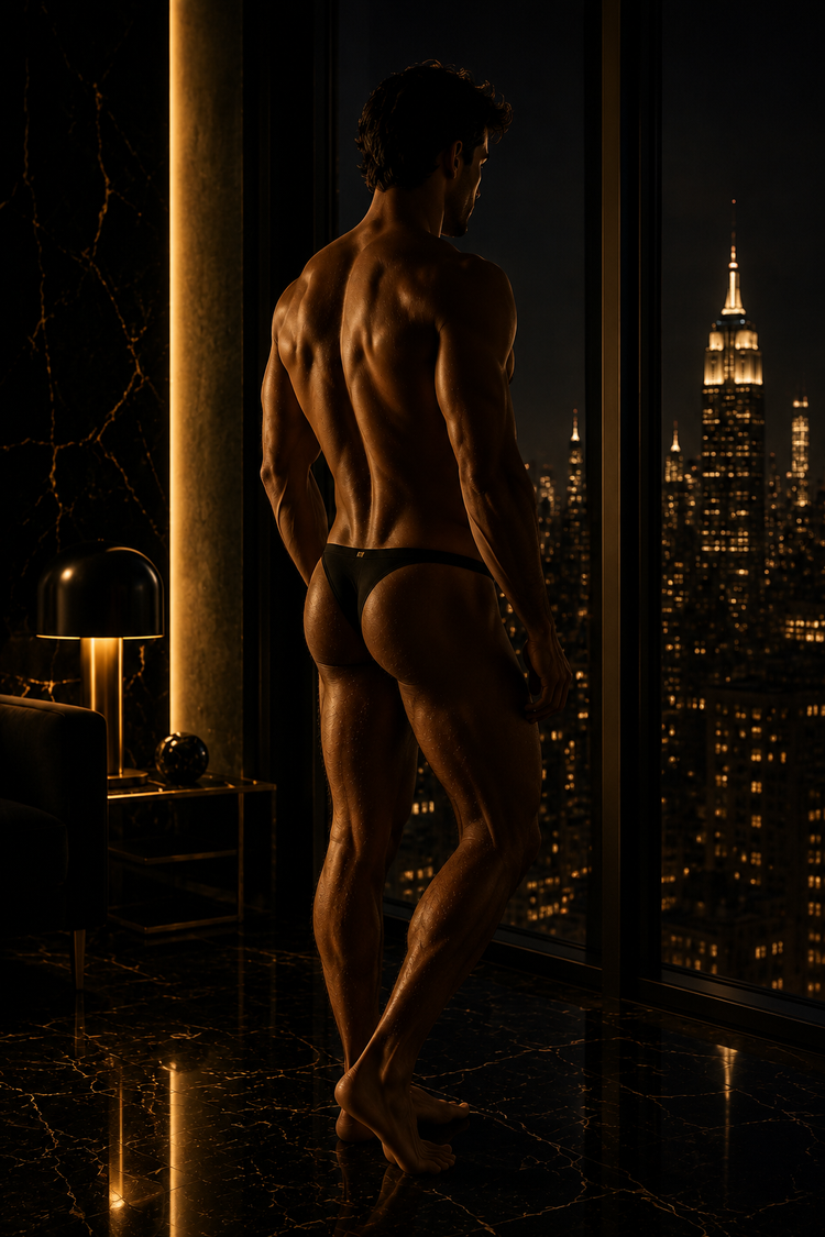 Maskuline Silhouette in schwarzem String vor einer bodentiefen Fensterfront eines luxuriösen Penthouses bei Nacht. Warme Goldtöne, schwarzer Marmorboden und die beleuchtete Skyline schaffen eine elegante Premium-Atmosphäre.