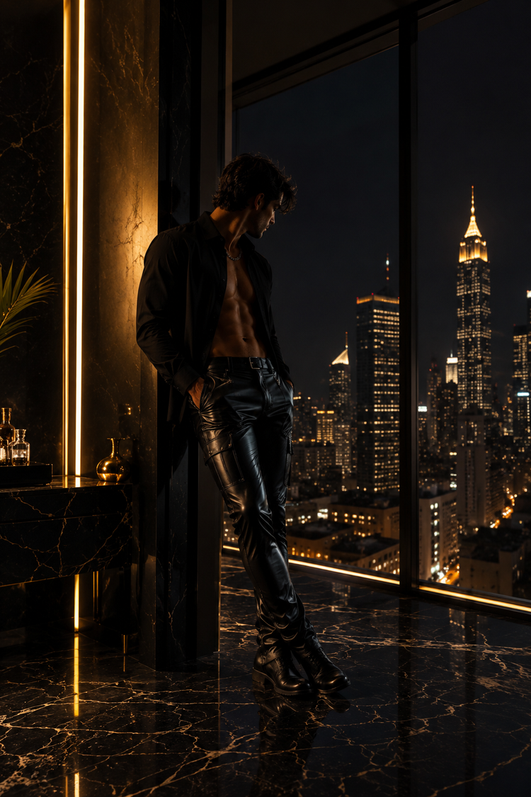 Mann in einer schwarzen Lederhose vor einer luxuriösen Fensterfront bei Nacht. Warme Goldtöne, schwarzer Marmorboden und die beleuchtete Skyline schaffen eine elegante, moderne und maskuline Fashion-Atmosphäre.