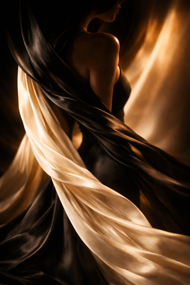 Elegante weibliche Silhouette in fließenden schwarzen und cremefarbenen Stoffen, warmes goldenes Licht und weiche Schatten, luxuriöse und mysteriöse Inszenierung für intime Rollenwelten